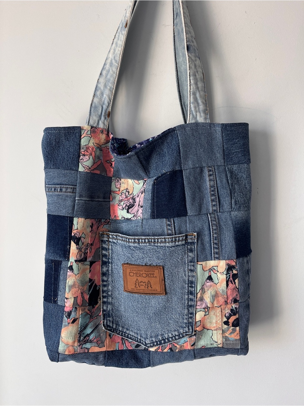 Denim Patchwork Tote | Homemade | Pink Floral Accents | 17” x 17”